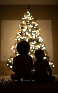 two children sitting in front of a christmas tree with the lights on and one child looking at it