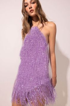 F00190973-203 Fringe Dress Party, Mid Dress, Elegant Mini Dress, Mid Skirt, Gold Sequin Dress, Sleeveless Skirt, Tassel Dress, Purple Mini Dresses, Fringe Dress