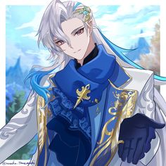 an anime character with long white hair and blue eyes, wearing a blue outfit in front of snow covered mountains