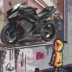 a drawing of a motorcycle on display in front of a person wearing a yellow raincoat