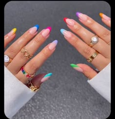 Fun Festival Nails, Trendy Nail Designs 2024 Summer, Carnaval Nails Design, Multi Colored French Nails, Simple Neon Nails, Simple Colorful Nails, Multicolor French Tip Nails, Multi Colored French Tip Nails, Vibrant Nails Summer