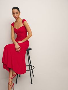 Wear the dress.  Shop the Petites Bryson Dress from Reformation, a midi dress with short, cap sleeves, a sweetheart neckline, and back smocking. Stain Dress, Elegant Dinners, Red Party, Guest Attire, Wedding Attire Guest, Cocktail Parties, Guest Outfit, Crepe Fabric, Linen Clothes