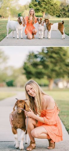 a woman in an orange dress kneeling down next to two dogs and one is petting the dog