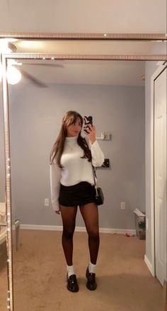 Shoes That Go With Mini Skirts, Black Skirt Outfit Winter Tights, How To Style Mini Skirts With Tights, Black Mini Skirt Outfit Sweater, White Leather Skirt Outfit Fall, Outfits With Skirt And Sweater, Sweater Skirt And Tights Outfit, Loafers With White Socks Outfit, Black Loafer White Socks Outfit