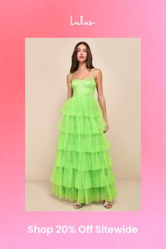 Treat any event like your own personal fashion show when you're wearing a show-stopping look like the Lulus Rule the Runway Lime Green Tulle Bustier Tiered Maxi Dress! This stunning dress is composed of sheer mesh tulle (atop a stretch knit lining) that shapes an alluring bustier-inspired bodice with seamed cups and supportive boning, a sweetheart neckline, and adjustable spaghetti straps. The high, fitted waist tops an A-line maxi skirt, adorned with fluffy tiers of tulle that are sure to make you look ""tulle-y"" mesmerizing as you dance the night away! Hidden back zipper/clasp. Fit: This garment fits true to size. Length: Floor length. Size medium measures 54.50" from shoulder to hem. Bust: Great for any cup size. Waist: Fitted - very fitted at natural waist. Hip: Not Fitted - fuller sk Green Fitted Corset Dress For Gala, Fitted Green Corset Dress For Gala, Green Corset Dress For Prom Season Party, Green Corset Dress For Prom Party, Spring Evening Tulle Corset Dress, Fitted Floor-length Spring Corset Dress, Summer Gala Evening Dress With Corset Back, Summer Evening Dress With Corset Back For Gala, Glamorous Summer Corset Dress For Gala