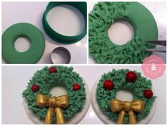 three pictures showing how to make a christmas wreath with green icing and gold bows