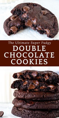 double chocolate cookies stacked on top of each other with the words, the ultimate super fudge