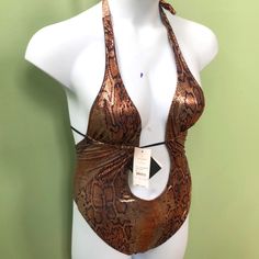 Nwt Baby Phat Women's Black/Gold Snakeskin One Piece Halter-Neck Swimsuit Sz S Brown Stretch Swimwear For Party, Chic Brown Party Swimwear, Party Stretch Brown Swimwear, Fitted Brown Swimwear For Festival, Brown Sleeveless Swimwear For Party, Sleeveless Brown Swimwear For Party, Fitted Triangle Top Bodysuit For Night Out, Brown Sleeveless Party Swimwear, Triangle Top Bodysuit For Club With Lined Body