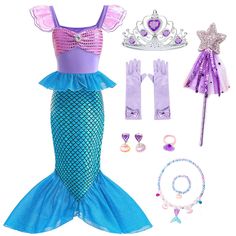 PRICES MAY VARY. 【Material】 The main fabric of the mermaid costume is polyester, which is durable and wrinkle resistant. There are two colorways of little mermaid dresses you can choose from. 【Size】 This Ariel dress is suitable for most kids 2-8 Years. Please refer to the size chart for detail. 【Accessories】 This princess costume comes with a wealth of accessories, including crown, gloves, earrings, ring, bracelet, necklace and wand. 【Design】 The bow neckline shows off the sweet style and is eas Toddler Princess Costume, Mermaid Costume Kids, Princess Ariel Dress, Toddler Fancy Dress, Mermaid Costumes, Little Mermaid Dresses, Toddler Girl Halloween, Little Mermaid Costume, Costume Princess