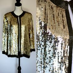 "Everyone who sees my sequins grabs this jacket first, it really stands out and is an exceptional jacket! Beautiful sequins..so full of glitz it is certain to make you the belle of the ball!! It almost has a bomber like look to it, though it is an open jacket with one hook and eye There are shoulder pads but certainly not too much..it is trimmed in a bronze and lined in black so it almost has an appearance of gold and black although it is more bronze and gold The sequins seem to be in Very good Vintage Festive Party Outerwear, Festive Vintage Party Outerwear, Festive Sequin Outerwear For Party Season, Disco Sequin Outerwear For Fall, Gold Sequined Outerwear For Spring, Festive Glamorous Sequin Outerwear, Vintage Sequined Outerwear For Festive Season, Vintage Sequined Outerwear For Festive Occasions, Festive Gold Embellished Outerwear