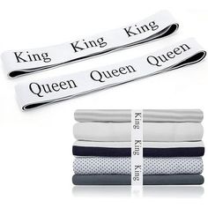 the king and queen pillow cases are stacked on top of each other with their names printed on them