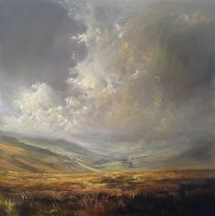 an oil painting of a landscape with hills and clouds