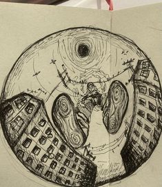 a drawing of a person standing in the middle of a circle with buildings around it