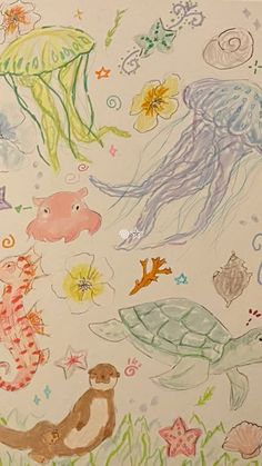 a drawing of sea animals and jellyfish