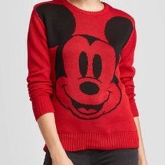 Women's Disney Mickey Face Pullover Sweater (Juniors') - Red Casual Mickey Mouse Tops For Winter, Casual Winter Sweater With Character Print, Casual Minnie Mouse Tops For Winter, Mickey Mouse Crew Neck Top For Winter, Mickey Mouse Sweater, Red Disney Crew Neck Top, Fluffy Disney Sweater, Mickey Mouse Hooded Tops For Winter, Disney Sweaters Kohl's