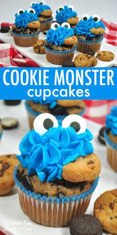 cookie monster cupcakes with blue frosting and googly eyes are on a plate