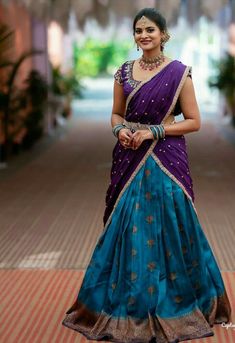 Pavadai Thavani, Traditional Poses, Pattu Lehenga, Coconut Decoration, Pattu Langa, Full Mehndi, Engagement Saree