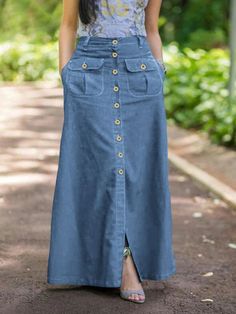 FREE SHIPPING ON ALL ORDERS OVER $50 | 100% SATISFACTION GUARANTEED Click "ADD TO CART" To Get Yours Now | Up To 60% OFF✨ Step into timeless elegance with our Women's Vintage Denim Maxi Skirt. Designed to offer both style and comfort, this casual solid skirt features an oversized fit, perfect for adding a touch of vintage charm to your everyday wardrobe. Whether you're dressing up for a casual day out or looking for a versatile piece to pair with your favorite tops, this denim maxi skirt is a mu Cheap Retro Denim Skirt For Spring, Cheap Full Length Cotton Denim Skirt, Cheap Long Denim Skirt Casual Style, Long Casual Skirts For Women, Retro Skirts, Long Skirt Casual, Retro Skirt, Solid Skirt, Button Up Skirts