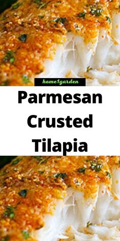 some food that is sitting on top of a plate with the words parmesan crusted tilapa