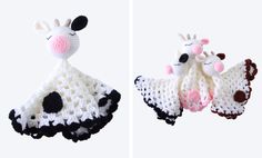 two crocheted giraffes are shown in different colors and sizes, one is white the other is black