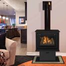 a living room filled with furniture and a fire place in the middle of a kitchen