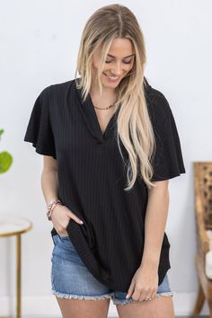 Product Details Colors: Black Print: Solid Neckline: V-Neck Sleeves: Short Sleeves Hemline: Straight Brand: Heimish Material and Care 95% Polyester 5% Spandex Hand Wash Cold Size and Fit Small: Bust 38" Waist 36" Length 28" Medium: Bust 40" Waist 38" Length 28.5" Large: Bust 42" Waist 40" Length 29" Photo model is 5'7 and wearing a size small Video model is 5’7 and wearing size small Black Split Neck Top For Workwear, Black Split Neck Top For Spring, Black V-neck Loungewear Top, Black Stretch V-neck Top With Short Sleeves, Collar Neck, Photo Model, Large Bust, Mandarin Collar, Small Bust