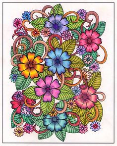 a drawing of flowers with swirls and leaves on the bottom, in different colors