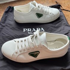 Authentic Sneakers. Worn Only Once To A Wedding. Purchased Summer 2022. Comes With Dust Bag. Prada Shoes, Summer 2022, Sneakers White, Mens Shoes Sneakers, White Green, Leather Sneakers, A Wedding, Prada, Men's Shoes