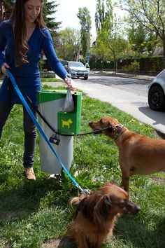 a woman is walking her dog on a leash near a trash can and garbage can