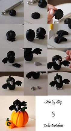 step by step instructions on how to make an adorable halloween decoration with black plastic pumpkins