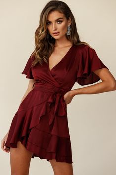 Cami Angel Sleeve Faux Wrap Dress Wine by Selfie Leslie Selfie Leslie, Ice Dresses, Angel Sleeve, Clothing Tags, Faux Wrap Dress, Cami Dress, Wrap Skirt, Fit & Flare, Red Dress