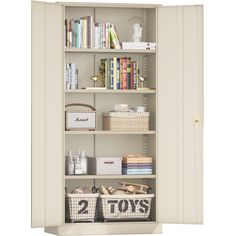 an open bookcase with two baskets and books