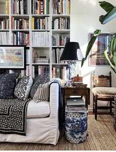 a living room filled with lots of books and furniture