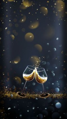 two champagne glasses with bubbles in front of a black background and gold glitters on the floor