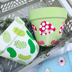 three potted plants sitting next to each other on top of a metal shelf in a basket