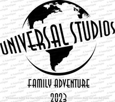 the logo for universal studios family adventure, which is in black and white on a white background