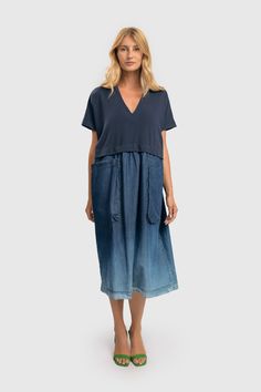 SARI OMBRÉ POPOVER DRESS, DENIM CASUAL EASTER DRESS FOR WOMEN Knit Tee Shirt, Popover Dress, Denim Midi Dress