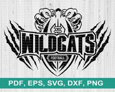 the wild cats football logo is shown in black and white on a wooden background with text