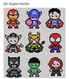 cross stitch pattern with different superheros on the front and back, all in different colors