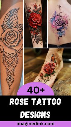 the top 10 rose tattoo designs for women on her arm, leg and chest are shown in