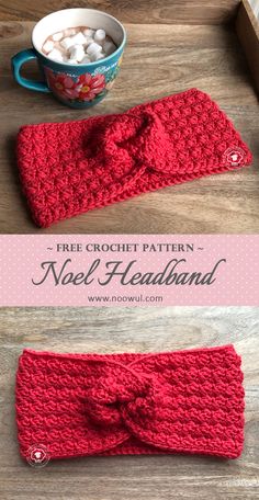 two crocheted headbands with a bow on the top and one in red