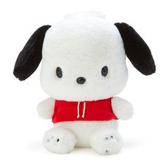 a white stuffed dog wearing a red shirt