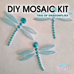 three glass dragonflies sitting on top of a white surface with the words diy mosaic kit