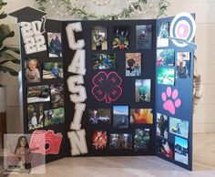 a collage of photos and magnets on a black board