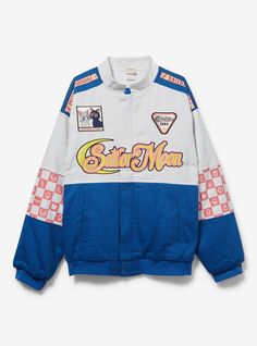 Harness the power of Pretty Guardian Sailor Moon with this racing jacket! Features "Sailor Moon" lettering on the front  icon decorations on the sleeves  and more details inspired by the classic anime.A BoxLunch Exclusive!Outer shell: 100% cotton twillLining: 100% polyesterListed in unisex sizesWash cold with like colors; dry lowImported Sailor Moon Watches, Sailer Moon And Tuxedo Mask, Sailor Mercury Shoes, Tuxedo Mask Naked, Sailor Moon Mask Tuxedo, Tuxedo Mask Body Pillow, Sailor Moon Rose Tuxedo Mask, Moon Jacket, Classic Anime