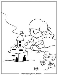 a coloring page with a child playing in the sand