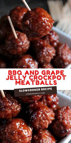 bbq and grape meatballs with toothpicks in a white bowl