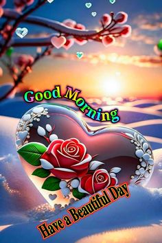 good morning have a beautiful day with heart and roses on snow covered ground in the background