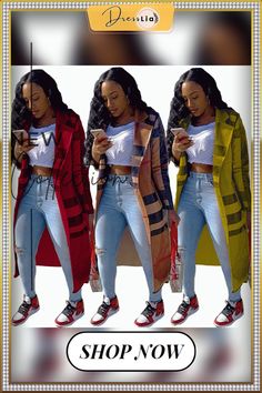 Women's Plaid Print Long-sleeved Lapel Long Coat Multicolor Stretch Long Sleeve Outerwear, Turndown Collar, Plaid Fashion, Plaid Print, Outerwear Coats, Womens Plaid, Fashion Flats, Long Coat, 1 Million