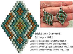 a pair of earrings is shown in different colors and sizes, with the words brick stitch diamond